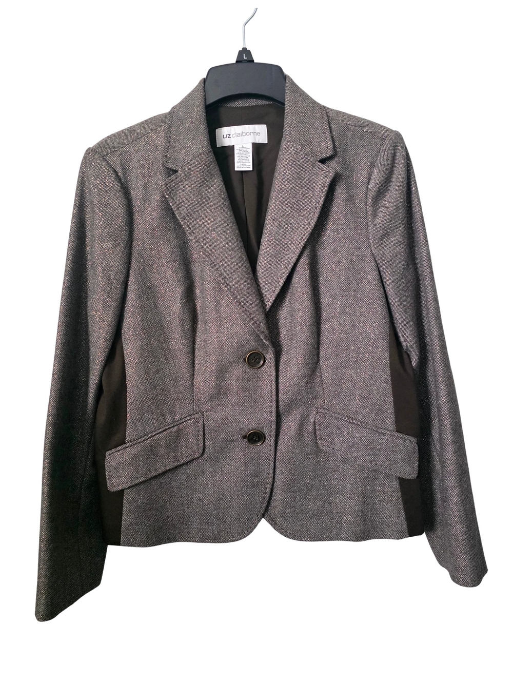 VTG Liz Claiborne Brown Tweed Shimmer Blazer Suede Trim & Elbow Patches Size L
